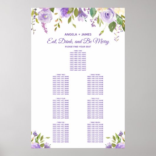 Elegant Waterverf Floral Wedding Seating Chart Poster (Voorkant)