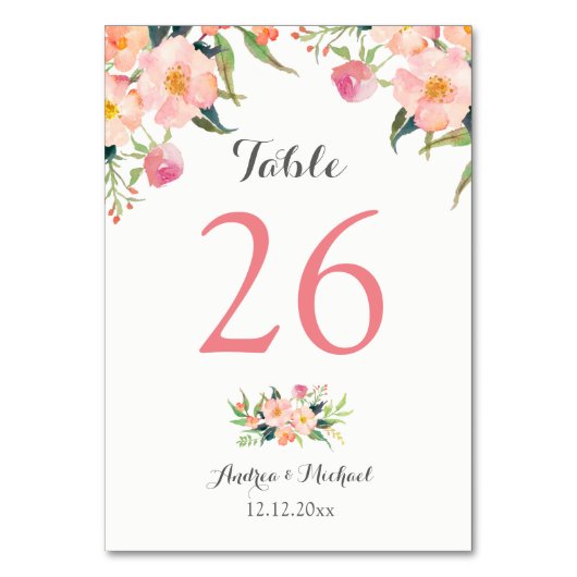 Elegant Waterverf Floral Wedding Table Number Kaart (Voorkant)