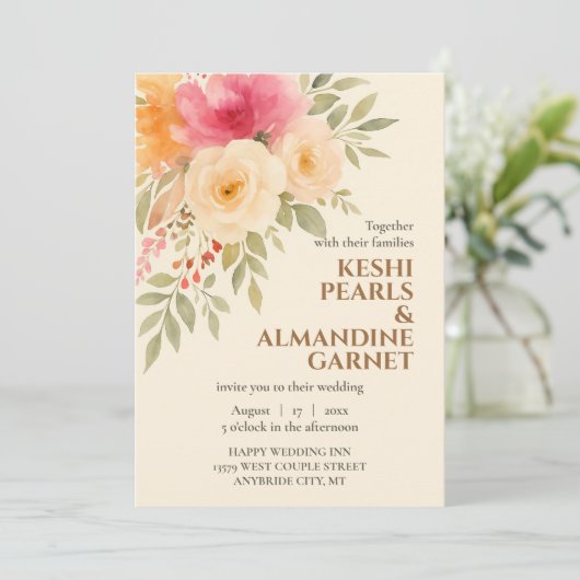 Elegant Waterverf Floral Wedding Uitnodiging (Staand voorkant)