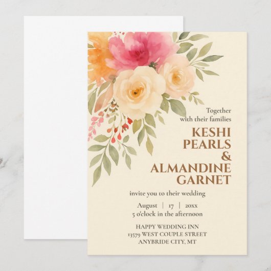 Elegant Waterverf Floral Wedding Uitnodiging (Voorkant / Achterkant)