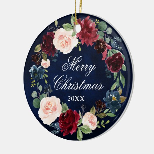 Elegant Waterverf Floral Wreath Merry Kerstmis Keramisch Ornament (Links)