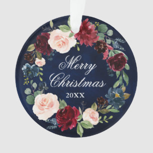 Elegant Waterverf Floral Wreath Merry Kerstmis Ornament