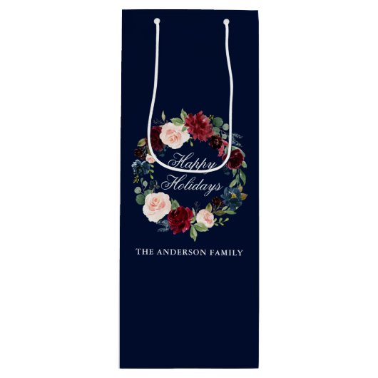 Elegant Waterverf Floral Wreath Prettige feestdage Wijn Cadeautas (Voorkant)