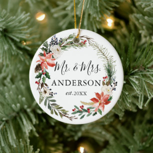 Elegant Waterverf Floral Wreator Pas getrouwd Keramisch Ornament