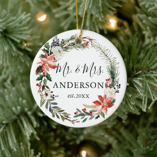 Elegant Waterverf Floral Wreator Pas getrouwd Keramisch Ornament (Boom)