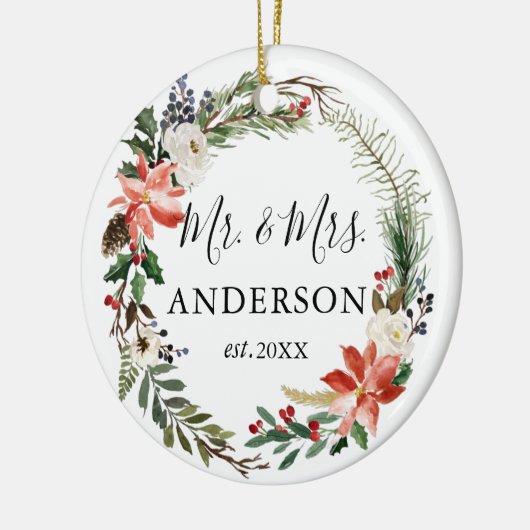 Elegant Waterverf Floral Wreator Pas getrouwd Keramisch Ornament (Links)