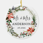 Elegant Waterverf Floral Wreator Pas getrouwd Keramisch Ornament (Achterkant)