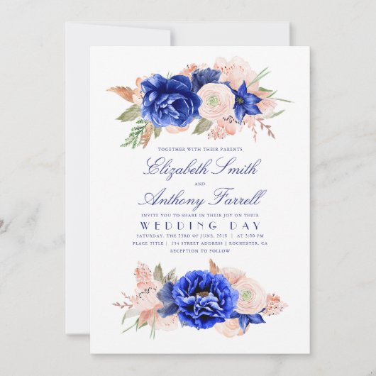 Elegant Waterverf Floral Wreaty Navy Blue Wedding Kaart (Voorkant)