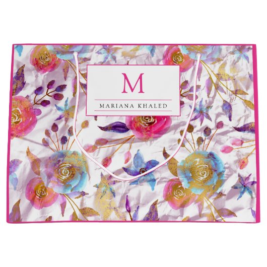 Elegant waterverf florale roze en wit groot cadeauzakje (Voorkant)