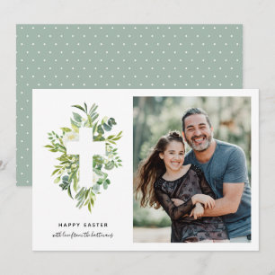 Elegant Waterverf Florals en Cross Photo Easter Feestdagenkaart