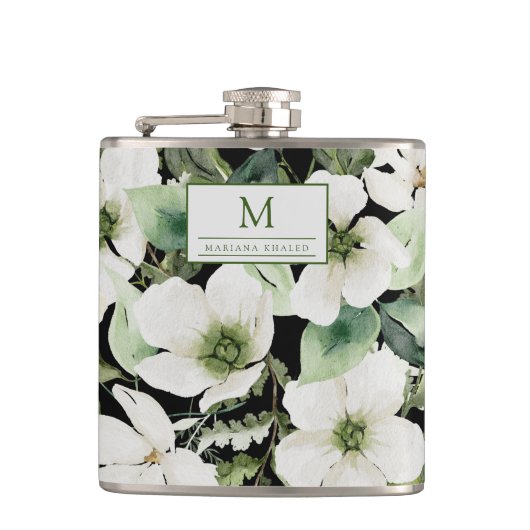 Elegant waterverf floranje zwart-wit heupfles (Voorkant)