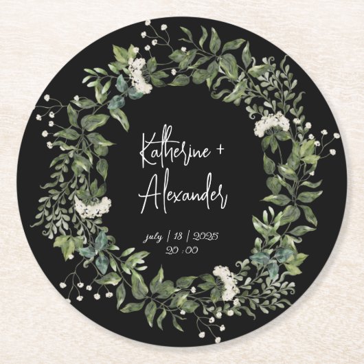 Elegant waterverf floranje zwart-wit ronde kartonnen onderzetter (Voorkant)