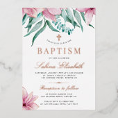 Elegant waterverf floreel roze baptisme kruis folie uitnodiging (Voorkant)