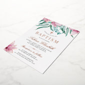 Elegant waterverf floreel roze baptisme kruis folie uitnodiging (Gedraaid)