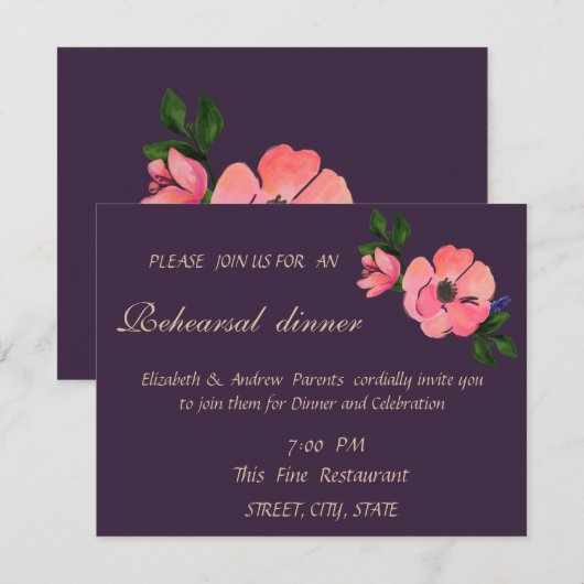 Elegant Waterverf Flower Wedding Rehearsal Dinner Kaart (Voorkant / Achterkant)