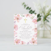 Elegant Waterverf Flowers First Heilige Communie Uitnodiging Briefkaart (Staand voorkant)