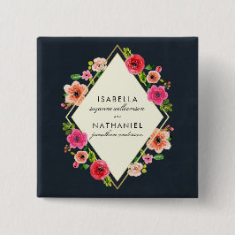 Elegant Waterverf Flowers | Goud Lijst bruiloft Vierkante Button 5,1 Cm