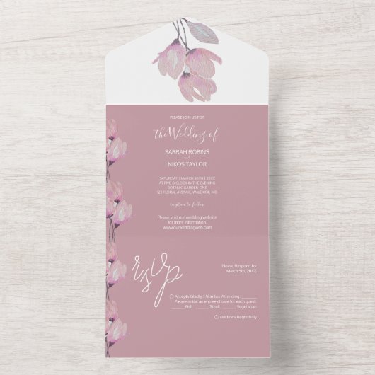 Elegant Waterverf Flowers in Blush Violet All In One Uitnodiging (Binnen)
