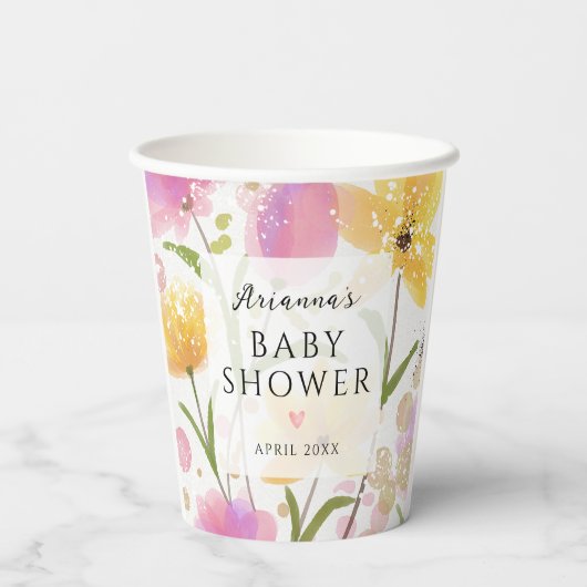 Elegant Waterverf Flowers Script Baby shower Papieren Bekers (Achterkant)