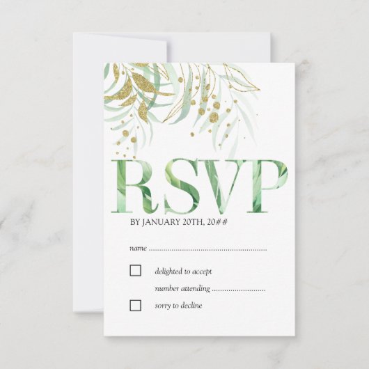 Elegant Waterverf Foliage en goudbladeren RSVP Kaartje (Voorkant)
