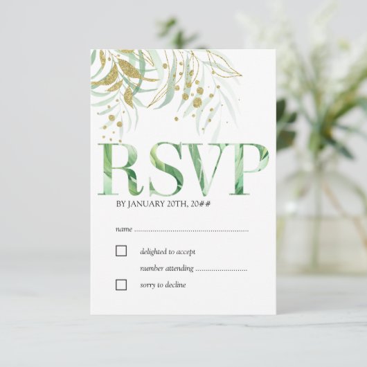 Elegant Waterverf Foliage en goudbladeren RSVP Kaartje (Staand voorkant)