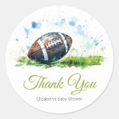 Elegant Waterverf Football Baby shower Dank u Ronde Sticker (Voorkant)