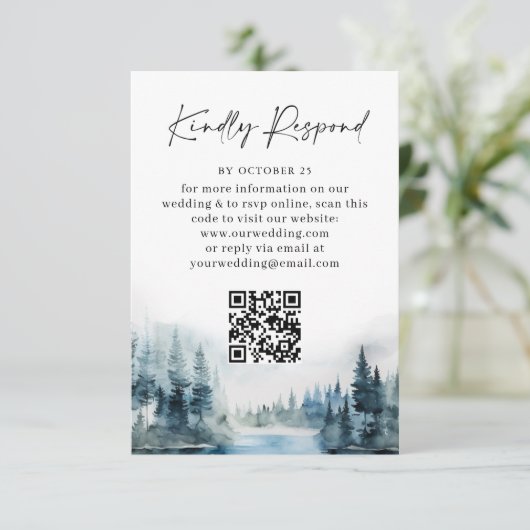 Elegant Waterverf Forest Wedding QR code RSVP Kaartje (Staand voorkant)