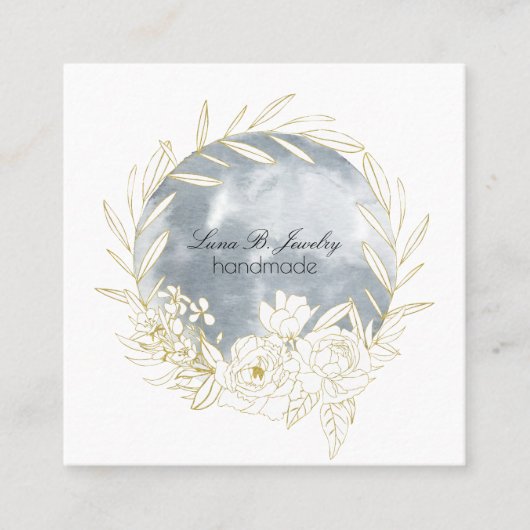 Elegant Waterverf Full Moon & Floral Square Card Vierkante Visitekaartje (Voorkant)