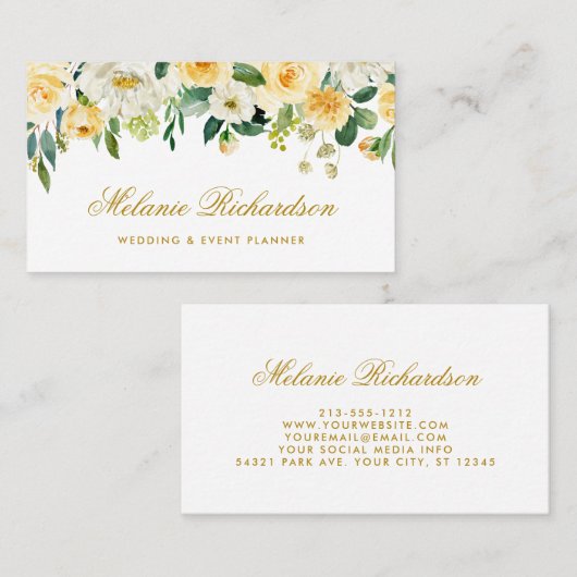 Elegant Waterverf Geel Geel Goud Groen Floral Visitekaartje (Voorkant / Achterkant)