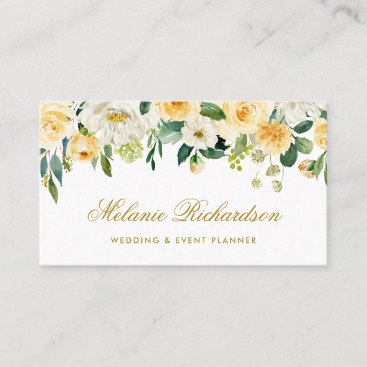 Elegant Waterverf Geel Geel Goud Groen Floral Visitekaartje (Voorkant)