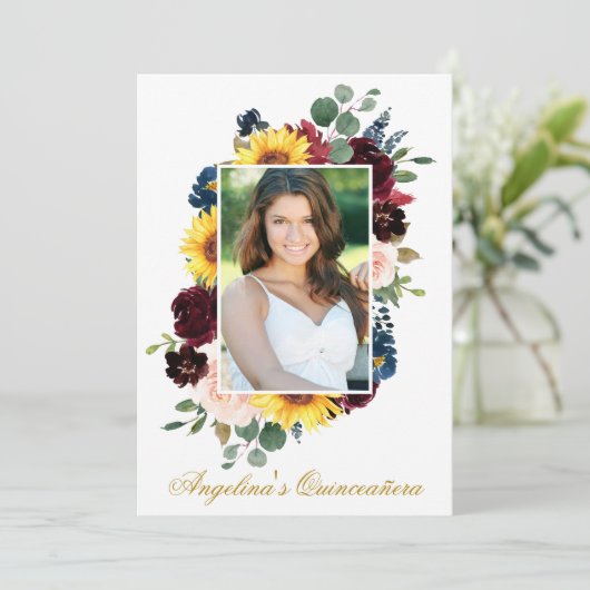 Elegant Waterverf Gemengd Floral Foto Quinceanera Kaart (Staand voorkant)