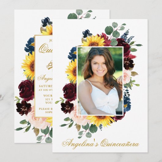 Elegant Waterverf Gemengd Floral Foto Quinceanera Kaart (Voorkant / Achterkant)