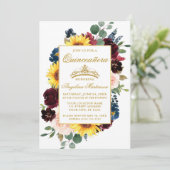Elegant Waterverf Gemengd Floral Quinceanera Gold Kaart (Staand voorkant)