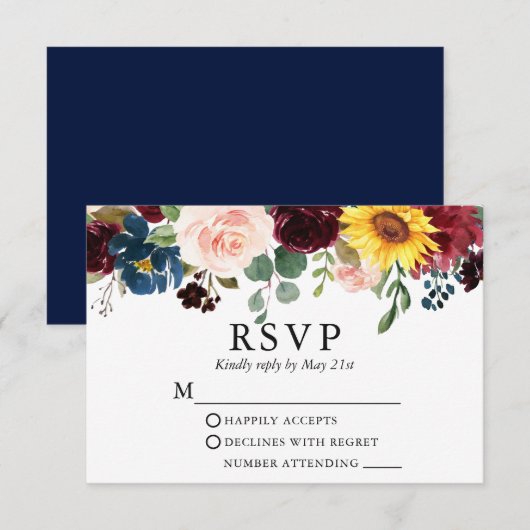 Elegant Waterverf Gemengd Floral Wedding Blue RSVP Kaartje (Voorkant / Achterkant)