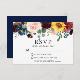 Elegant Waterverf Gemengd Floral Wedding Blue RSVP Kaartje