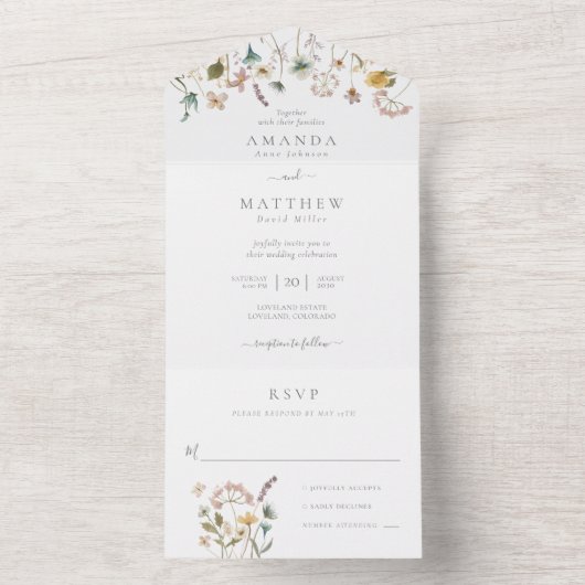 Elegant Waterverf geperste bloemen bruiloft All In One Uitnodiging (Binnen)