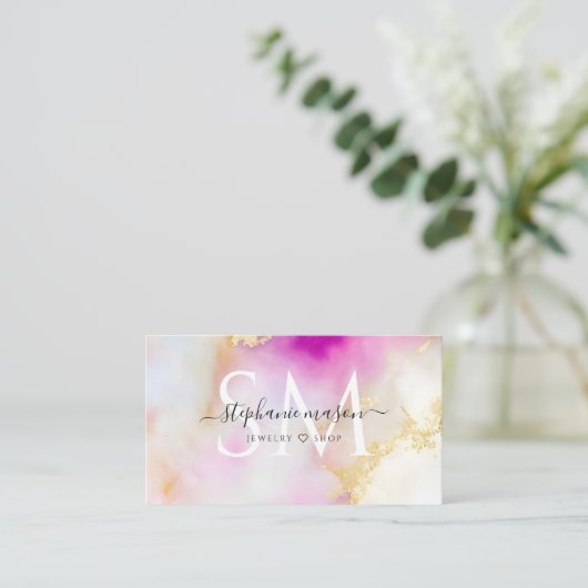 Elegant Waterverf Gold Blush Pink Monogram Contactkaartje (Staand voorkant)