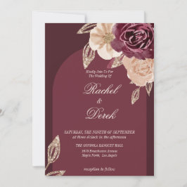 Elegant Waterverf Gold Burgundy Floral Wedding Kaart