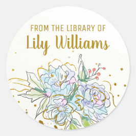 Elegant Waterverf Gold Floral Library Bookplate Ronde Sticker