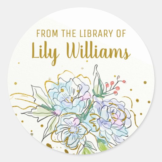 Elegant Waterverf Gold Floral Library Bookplate Ronde Sticker (Voorkant)