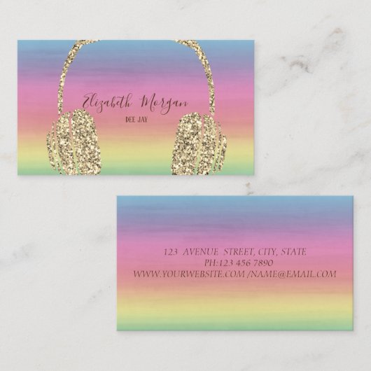Elegant Waterverf, Gold Glitter Headphone DJ Visitekaartje (Voorkant / Achterkant)