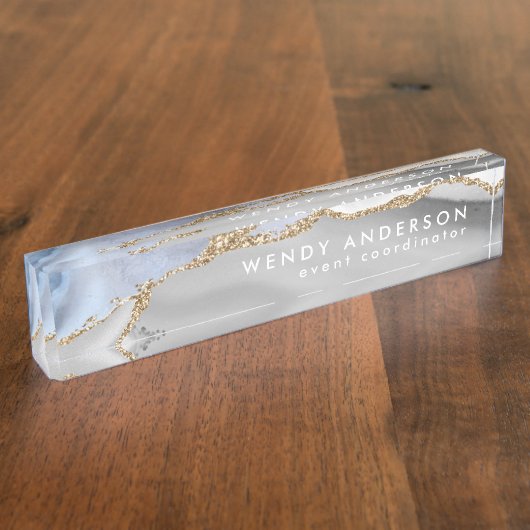 Elegant Waterverf Goud Glitter Agate Naambordje (Zijkant)