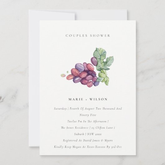 Elegant Waterverf Grape Couples Shower Invite Bedankkaart (Voorkant)