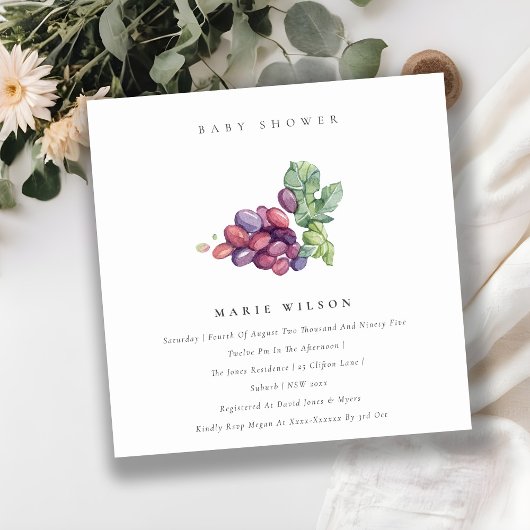Elegant Waterverf Grape Fauna Baby shower Invite Bedankkaart
