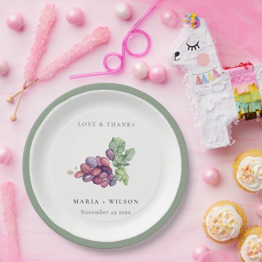 Elegant Waterverf Grape Foliage Rustic Wedding Papieren Bordje (Feest)