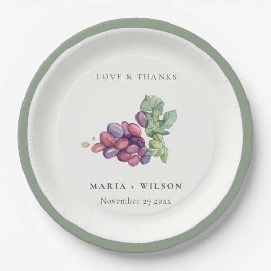 Elegant Waterverf Grape Foliage Rustic Wedding Papieren Bordje (Voorkant)