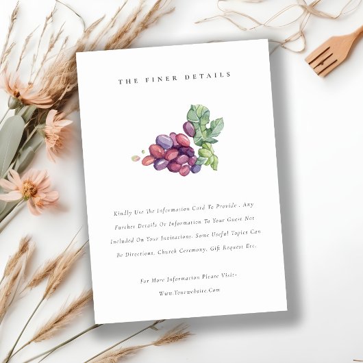 Elegant Waterverf Grape Foliage Wedding Detail Informatiekaartje