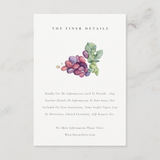 Elegant Waterverf Grape Foliage Wedding Detail Informatiekaartje (Voorkant)