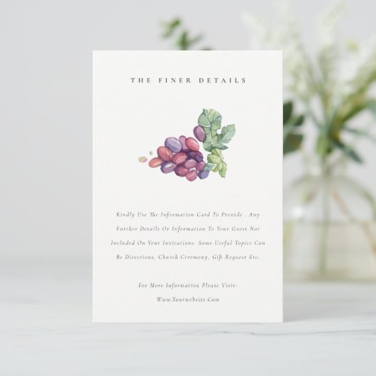 Elegant Waterverf Grape Foliage Wedding Detail Informatiekaartje (Staand voorkant)