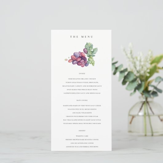 Elegant Waterverf Grape Foliage Wedding Menu Kaart (Staand voorkant)